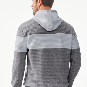 Casual <b>Waffle</b> Knit Pullover Hooded Sweatshirt Long Sleeve with Lightweight Drawstring Color <b>Block</b> and Embroidered Kanga Pocket - Product Image 2
