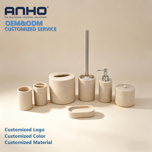 Juego completo de baño de 7 piezas de poliresina de piedra arenisca cálida y neutra, que incluye dispensador, vaso, jabonera y cepillo. - Product Image 1