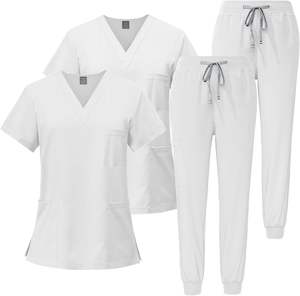 Scrubs para mujer Set Bow Neck Button Top Stretch Slim Tapered Leg Jogging Bottoms con cordón Hospital Beauty Salon Overoles - Product Image 1