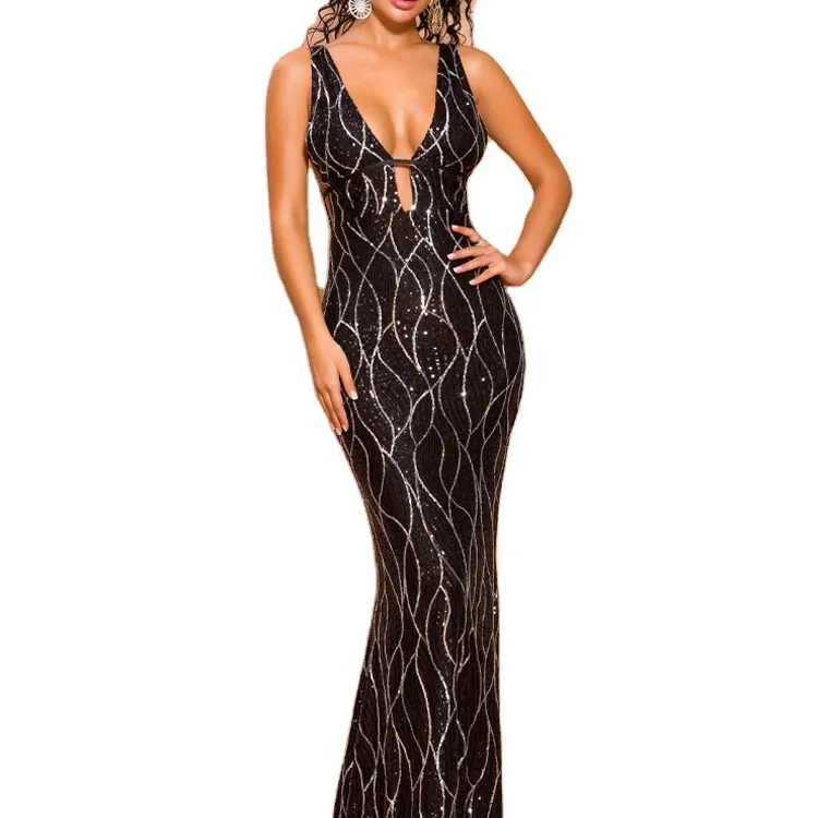 Sexy Deep V Neck Black Sequin Backless Slim Fitted Cocktail Party Gala Long Undefined Evening Dresses