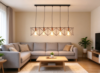 Suspension industrielle linéaire à 5 lumières, cadre en fil métallique géométrique noir, douille E27 or rose, pour îlot de cuisine et salle à manger
