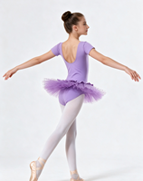 Robe de tutu de ballet à manches courtes pour filles, en spandex, avec nœud violet, bordure en strass, tulle à pois, costume de danse de scène pour enfants