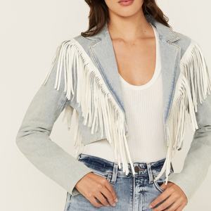 Джинсовая куртка-бомбер LARSUR на заказ с замшевыми бахромами и эффектом потертости, укороченная, для мотогонок, женская - Product Image 1