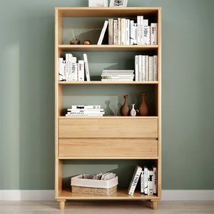 Étagère à livres moderne en bois avec 5 étagères et tiroirs pour le rangement de bureau à domicile, design scandinave, autoportante - Product Image 4