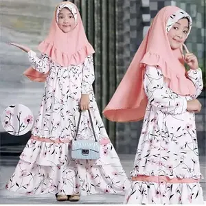 Factory Wholesale Ramadan Hijab Dress Muslim Islamic Clothing Floral Printed Khimar Abaya 2 Piece Kids Abaya For Girl