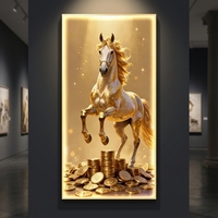Vente en gros usine : Tableau mural en verre avec cheval en porcelaine, cadre LED, orné de cristaux 5D et de diamants, style moderne, finition or de luxe