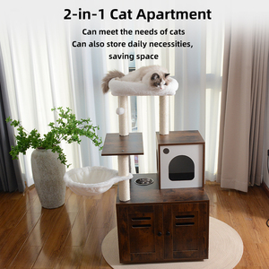 أثاث خشبي داخلي للحيوانات الأليفة ، برج شجرة القط متعدد المنصات مع خزانة مخفية ، غرفة غسيل القط ، حاوية - Product Image 2