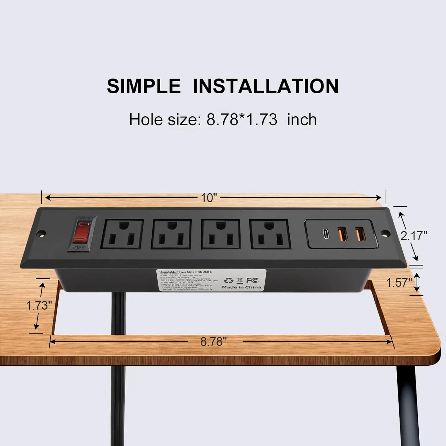 Recessed Power Strip with Type C 20W PD Fast Charge 4 Outlets 2 USB and 1 USB C Built in Furniture Extension Power Plug