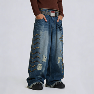 Pantalones <span class=keywords><strong>vaqueros</strong></span> de mezclilla desgastados <span class=keywords><strong>para</strong></span> <span class=keywords><strong>hombre</strong></span> al por mayor, <span class=keywords><strong>con</strong></span> remaches ondulados, dobladillo deshilachado, corte recto, estilo urbano, suministro directo de fábrica - Product Image 3
