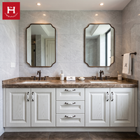 Meuble-lavabo double vasque classique blanc Happy Houses, en bois massif, finition bronze huilé, panneau surélevé, dessus en marbre brun, pour villa