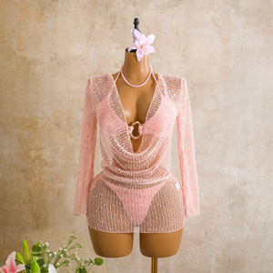 JSN 2026 Conjunto de bikini de dos piezas sexy de malla sólida personalizado para mujer con mangas largas, top halter sin espalda y traje de baño de cintura baja - Product Image 5