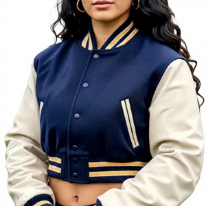 Veste universitaire d'hiver réversible imperméable pour femme, en tissu de laine bleu marine avec manches en similicuir, style streetwear décontracté - Product Image 1