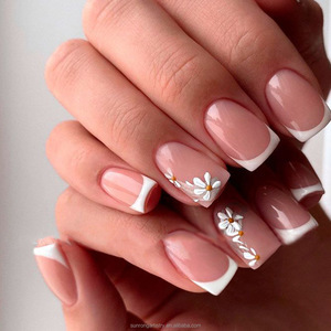 Uñas Postizas Cortas Cuadradas con Diseño de Margaritas Blancas y Rosas, Frescura de Primavera y Verano - Product Image 1