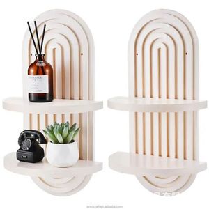 Wooden <b>Wall</b> <b>Mounted</b> Candle Holder Display Rack Arched Double Layer <b>Shelf</b> Vase Stand Natural Wood Color Geometric Design - Product Image 4