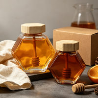 Pot à miel hexagonal en verre couleur personnalisée avec cuillère à miel en bois intégrée, pot à miel de qualité alimentaire avec couvercle en bambou, emballage pour miel