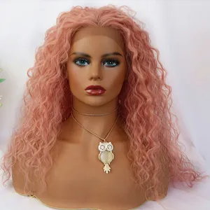 Qingdao Razer Hair 27 Inch Long pink Color curl Hair Heat Resistant Synthetic Hair Lace Front Wig