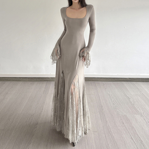 French elegant lace inset spliced square neck flared sleeve <b>dress</b> socialite temperament fashion slim gentle long <b>dress</b> - Product Image 2