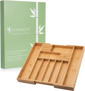 Expandable Utensil Holder and Cutlery Tray Bamboo Cutlery Tray Kitchen Drawer Organizer with Divider and <b>Removable</b> Knife Block - Product Image 2