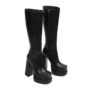 WETKISS Nouvelles chaussures d'automne et d'hiver, bottes à <span class=keywords><strong>talon</strong></span> haut, bottes noires à double plateforme, bout carré, bottes mi-hautes, styles gothiques - Product Image 1