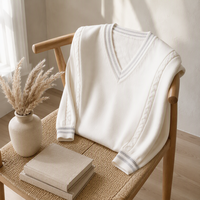 Pull en maille col V pour homme avec logo personnalisé OEM, poignets côtelés torsadés, automne-hiver, vêtements personnalisés, directement de l'usine, 100 % coton