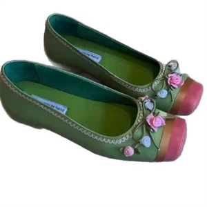Factory Wholesale Handmade Green Satin Flower Ballet <b>Flats</b> - Toe <b>Cap</b> Lace Trim Casual Daily Women's Shoes - Product Image 5