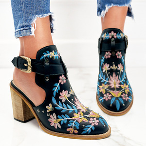Women's Retro Vintage Square Heel Sandals New Summer Ethnic <b>Style</b> Buckle Strap Embroidered Fashion Trend Spring Winter - Product Image 4