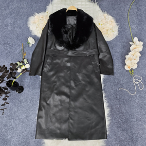 Cintura Vintage rimovibile lungo parka in pelle nera impermeabile antivento <span class=keywords><strong>cappotto</strong></span> da donna <span class=keywords><strong>con</strong></span> <span class=keywords><strong>collo</strong></span> <span class=keywords><strong>di</strong></span> <span class=keywords><strong>pelliccia</strong></span> - Product Image 1