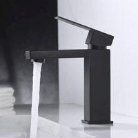 Robinet Mitigeur Carré Moderne Noir Mat en Acier Inoxydable et Céramique à Poignée Unique pour Lavabo, Eau Chaude et Froide, Montage sur Plateau, pour Salle de Bain d'Hôtel