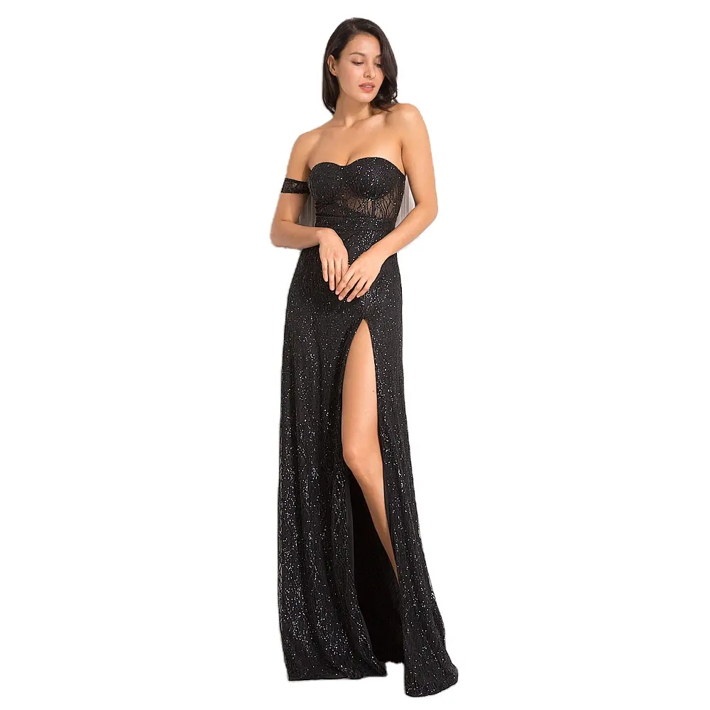 Off the Shoulder Strapless Black Glittered Hollow Out Split Front Long Evening Maxi Dress Night Sexy Gown for Woman