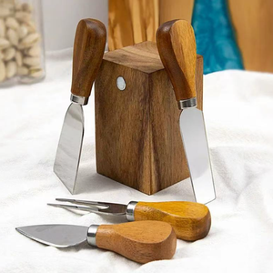 भंडारण धारक स्टेनलेस स्टील मक्खन चाकू के साथ पनीर चाकू उपकरण लकड़ी संभाल पनीर चाकू स्लाइसर कटर 5 पीसी सेट - Product Image 2