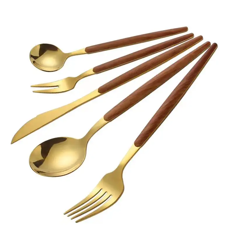 Food grade1810 stainless steel flatware spoon set gold dinnerware sets with wooden handle juego de cubiertos bulk gold flatwar