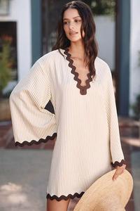 <b>Boho</b> Striped Mini <b>Dress</b> With Scalloped Hem Bell Sleeve Loose Fit <b>Summer</b> Casual <b>Dress</b> - Product Image 2