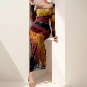 Minthson 2025 mode <span class=keywords><strong>moulante</strong></span> Maxi <span class=keywords><strong>robe</strong></span> automne mode à manches longues imprimé fleuri serré ajusté fête Club robes - Product Image 3