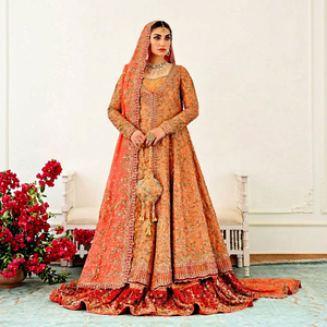 Orange Red Modern Embroidered Appliques Bridal <b>Lehenga</b> Choli Wedding Dress Long Sleeve Floor Length Chiffon A-Line Sweep Train - Product Image 1
