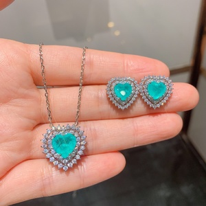 Fashion Eco-friendly Copper Heart Jewelry <b>Set</b> Imitation Paraiba Gemstone 8MM & 10MM <b>Earring</b> Necklace for Women Daily & Party - Product Image 1