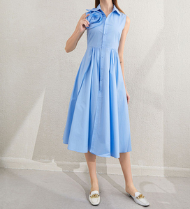 <span class=keywords><strong>Abito</strong></span> a trapeazione blu personalizzato da donna senza maniche con bottone frontale con risvolto estivo Casual lunghezza Midi in cotone e <span class=keywords><strong>lino</strong></span> naturale - Product Image 2