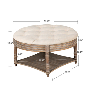 Table basse ottoman ronde capitonnée avec étagère de rangement en bois, style farmhouse, 2 niveaux, plateau surdimensionné à boutons - Product Image 4