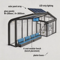 Abri de bus moderne en verre à énergie solaire, station d'arrêt de bus intelligente pour ville connectée avec toit à panneaux solaires et affichage numérique de l'heure d'arrivée du bus
