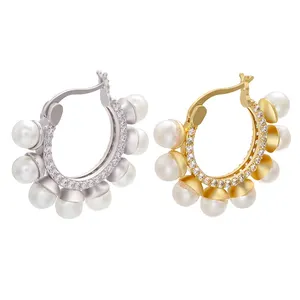 Fashion Design Manufacturer Wholesale Gold Plated earring 925 Sterling silver Jewelry Hoop Pearl beaded zircon clip on Earrings