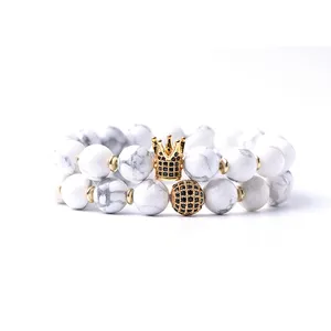 2024 New Style uomo donna 2 Set pietra naturale perline bianche corona reale con bracciale con ciondolo CZ bracciale con perline elasticizzate