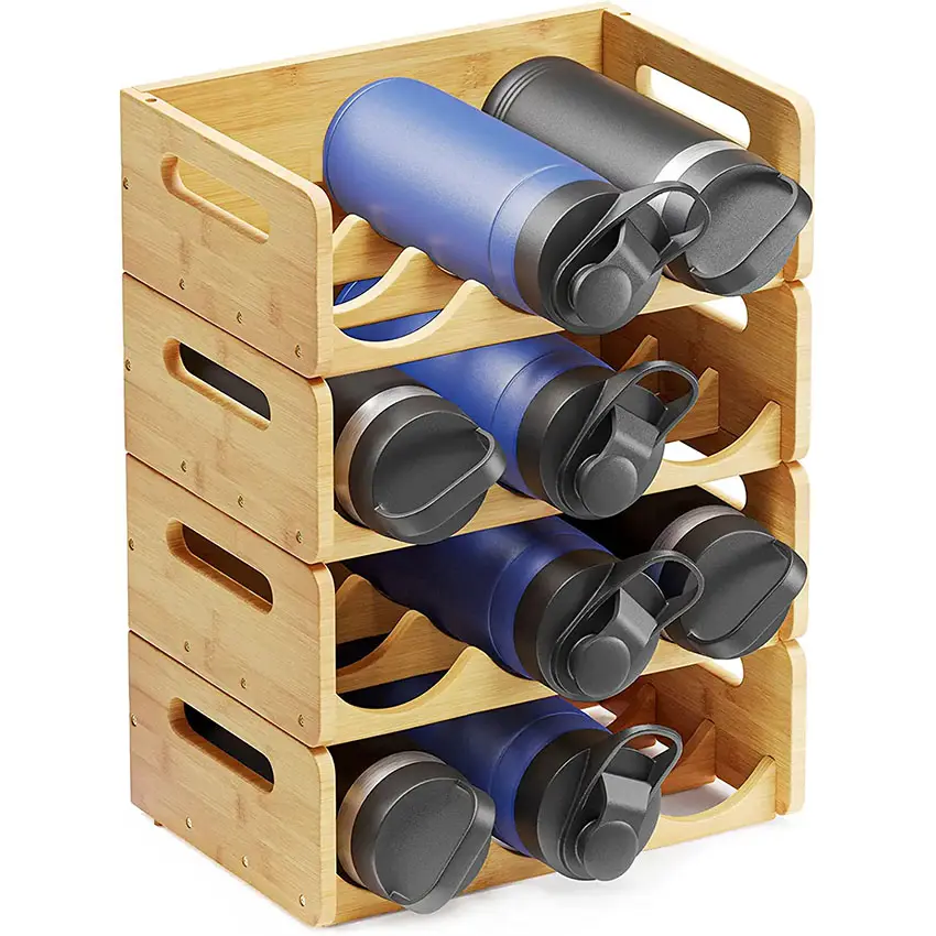 Water Bottle Storage Rack 4 Pack 3 Slot 12 Bottles, Bamboo Water Bottle Storage Organizer for Kitchen Cabinets