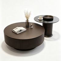 Ensemble de tables basses rondes modernes avec tiroir de rangement, plateau mat brun foncé, structure robuste pour salon, bureau à domicile