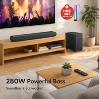 Système de barre de son 2.1 canaux 280W avec Dolby Atmos, caisson de basses 5.25 pouces, Bluetooth 5.3, HD EARC et grille métallique pour audio TV