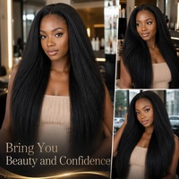 Wig Rambut Lurus Alami Hitam 13x4 Lace Front Wig Yaki Lurus Sintetis untuk Wanita Kulit Hitam Transparan Lace Natural Hairline