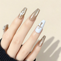 Faux Ongles de Luxe à Presser, Motif Croix Strass et Perles, Forme Cercueil Moyenne, Effet Œil de Chat Aurore Marron Nude, Réutilisables en ABS, Faits Main, 10 Pièces
