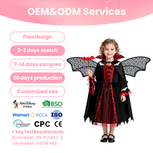 Tenue <span class=keywords><strong>de</strong></span> vampire d'Halloween pour filles, robe en dentelle, cape, ailes <span class=keywords><strong>de</strong></span> chauve-souris, baguette magique pour cosplay, service OEM ODM, prix <span class=keywords><strong>de</strong></span> gros - Product Image 1