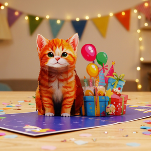 Carte pop-up 3D faite à la main, découpe de papier personnalisée, chaton de dessin animé, décoration de fête d'anniversaire, forme personnalisée, cadeau artisanal découpé - Product Image 1
