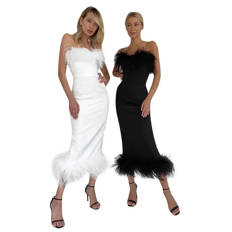 Women's Feather Bodycon Evening Party Dress New Black White Pink Backless Strapless Fashion Prom Dresses Sexy Long Dresses