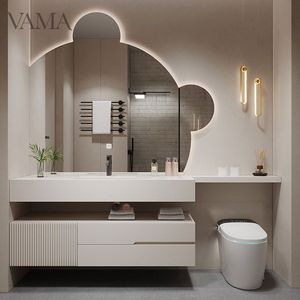 Vama Hot Design armoire de salle de bain, comptoir mural, vanité de salle de bain de couleur rose avec miroir LED - Product Image 3