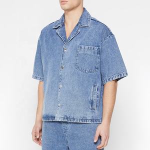 Camicie in Denim da uomo manica corta morbida 100% cotone tasche laterali in cotone Jeans larghi Boxy top blu <span class=keywords><strong>abbigliamento</strong></span> da <span class=keywords><strong>Cowboy</strong></span> per uomo - Product Image 1